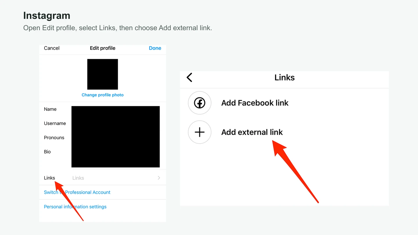 Instagram Edit profile and Links screens showing where to add an external WhatsApp link
