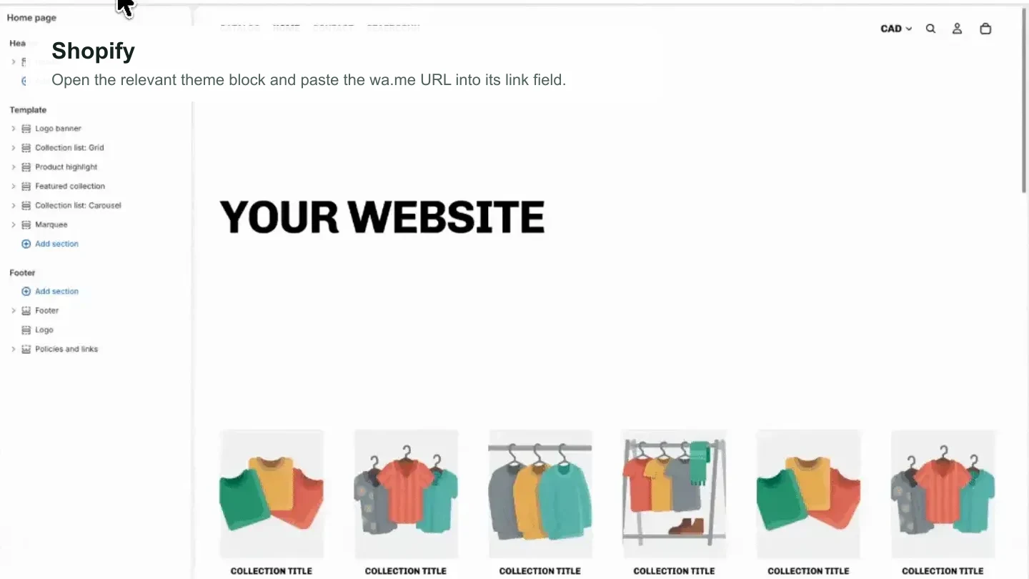 Shopify theme editor showing sections, blocks, and the storefront preview