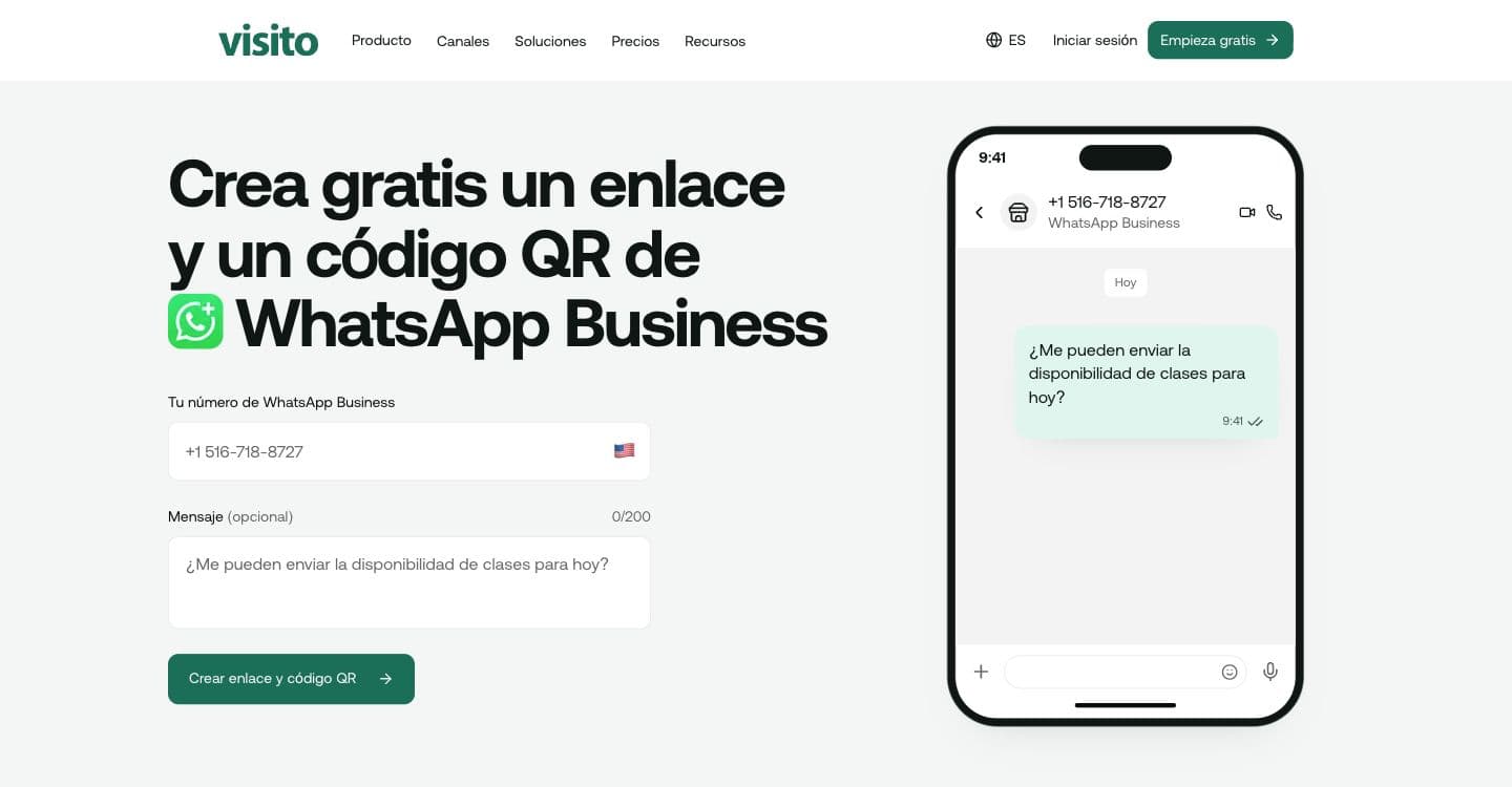 Generador gratis de enlaces y códigos QR de WhatsApp Business de Visito