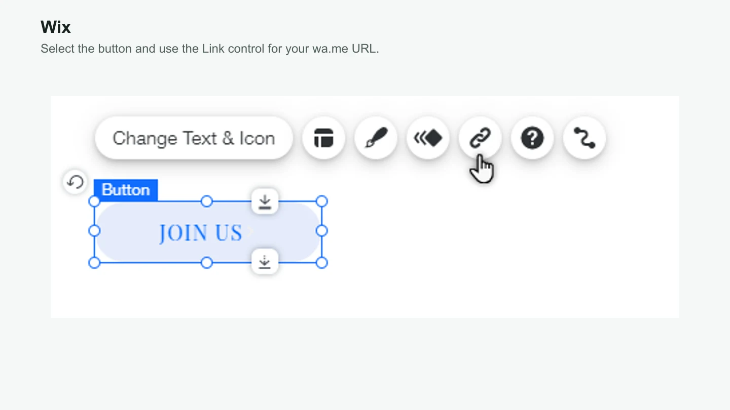 Wix editor with a button selected and the Link control highlighted