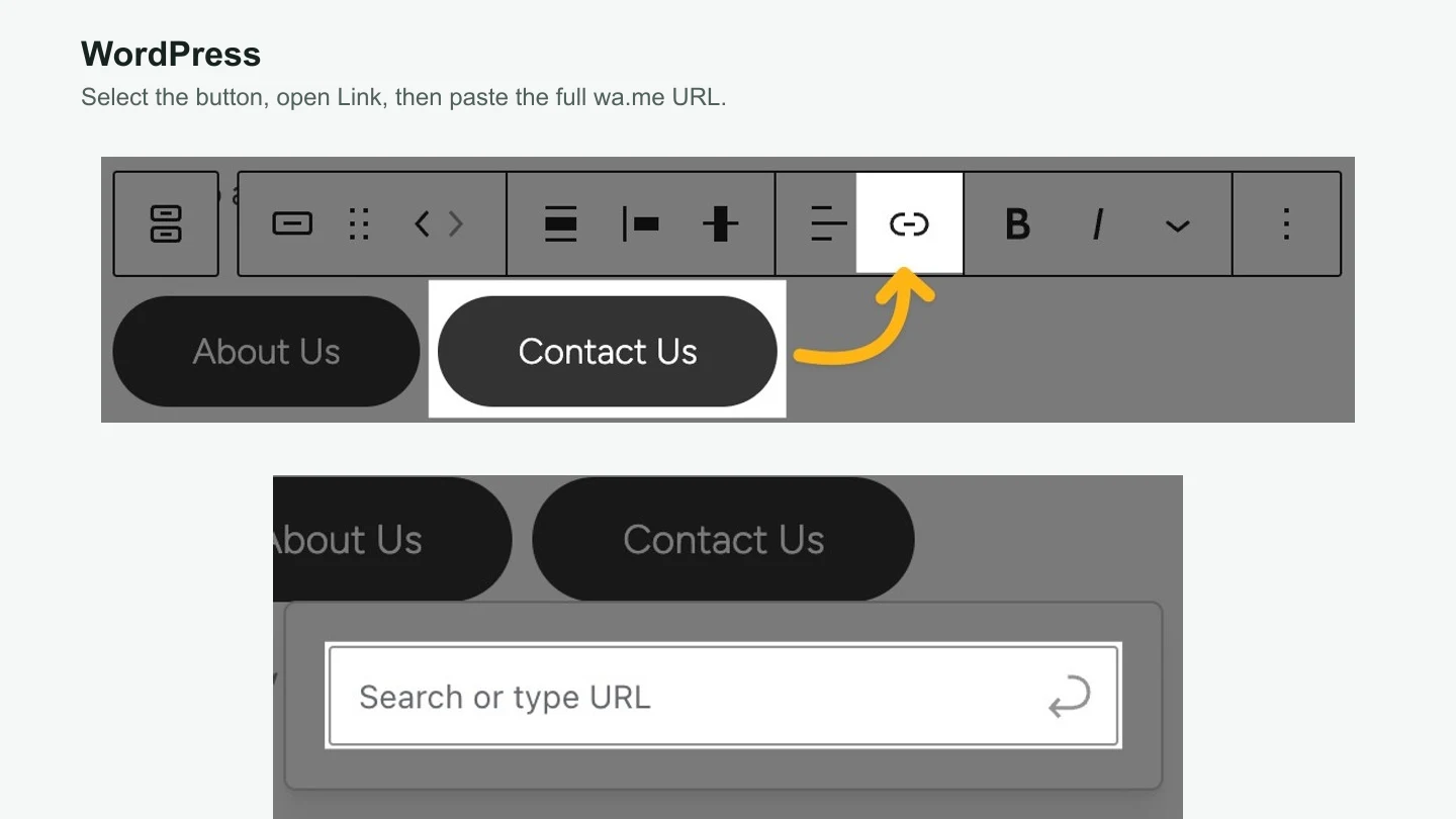 Editor de botones de WordPress con el control de enlace y el campo de URL