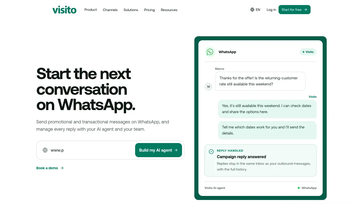 Página de marketing saliente de Visito con una respuesta a una campaña de WhatsApp atendida por el agente de IA