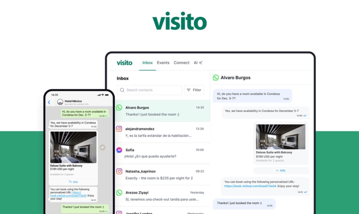 Interfaz de mensajeria y reservas directas de Visito en el articulo de Mirai