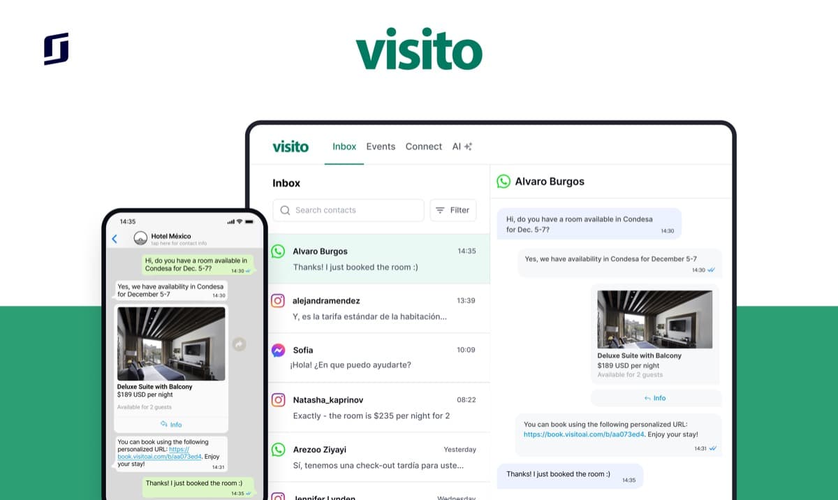 Visito guest messaging and direct booking interface shown in SiteMinder article