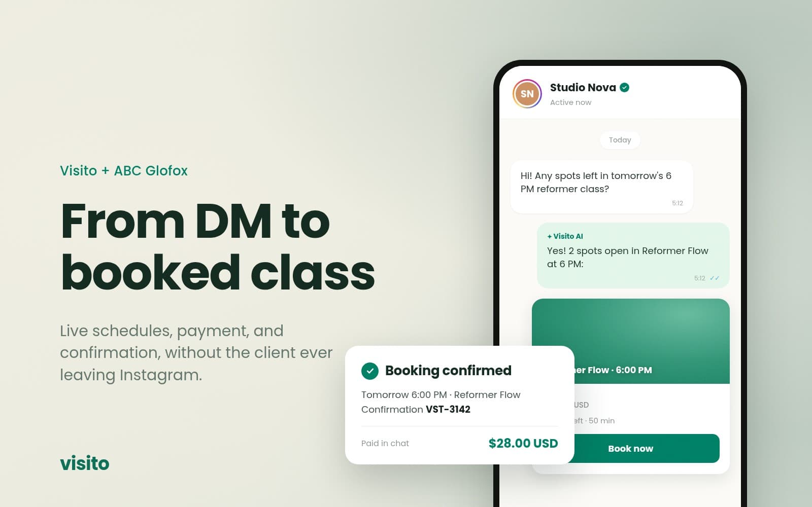 A fitness studio member books and pays for a class through Visito messaging with ABC GloFox