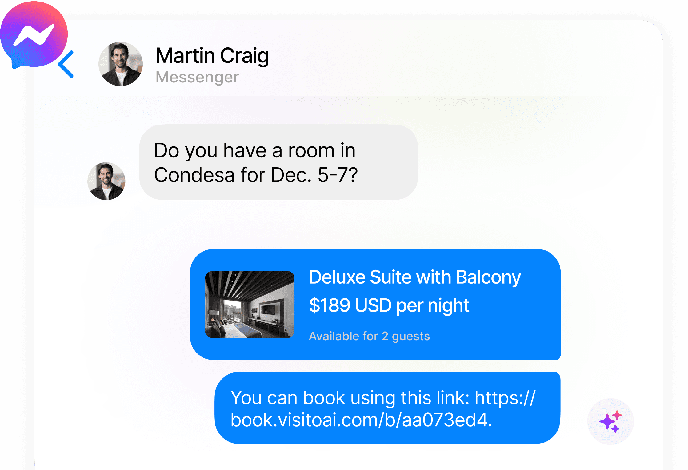 Interface de assistente de reservas com Messenger AI